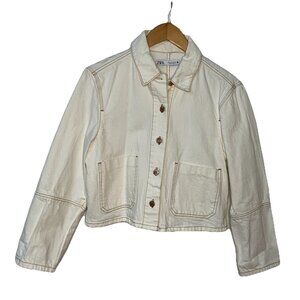 Zara White Jean Jacket Womens S White Cropped Barn Chore Contrast Stitch Neutral